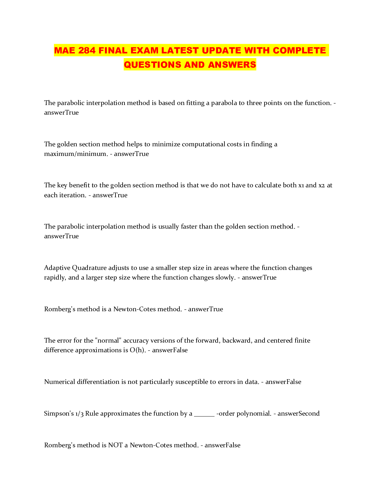 Preview of MAE 284 FINAL EXAM LATEST UPDATE WITH COMPLETE QUESTIONS AND ANSWERS